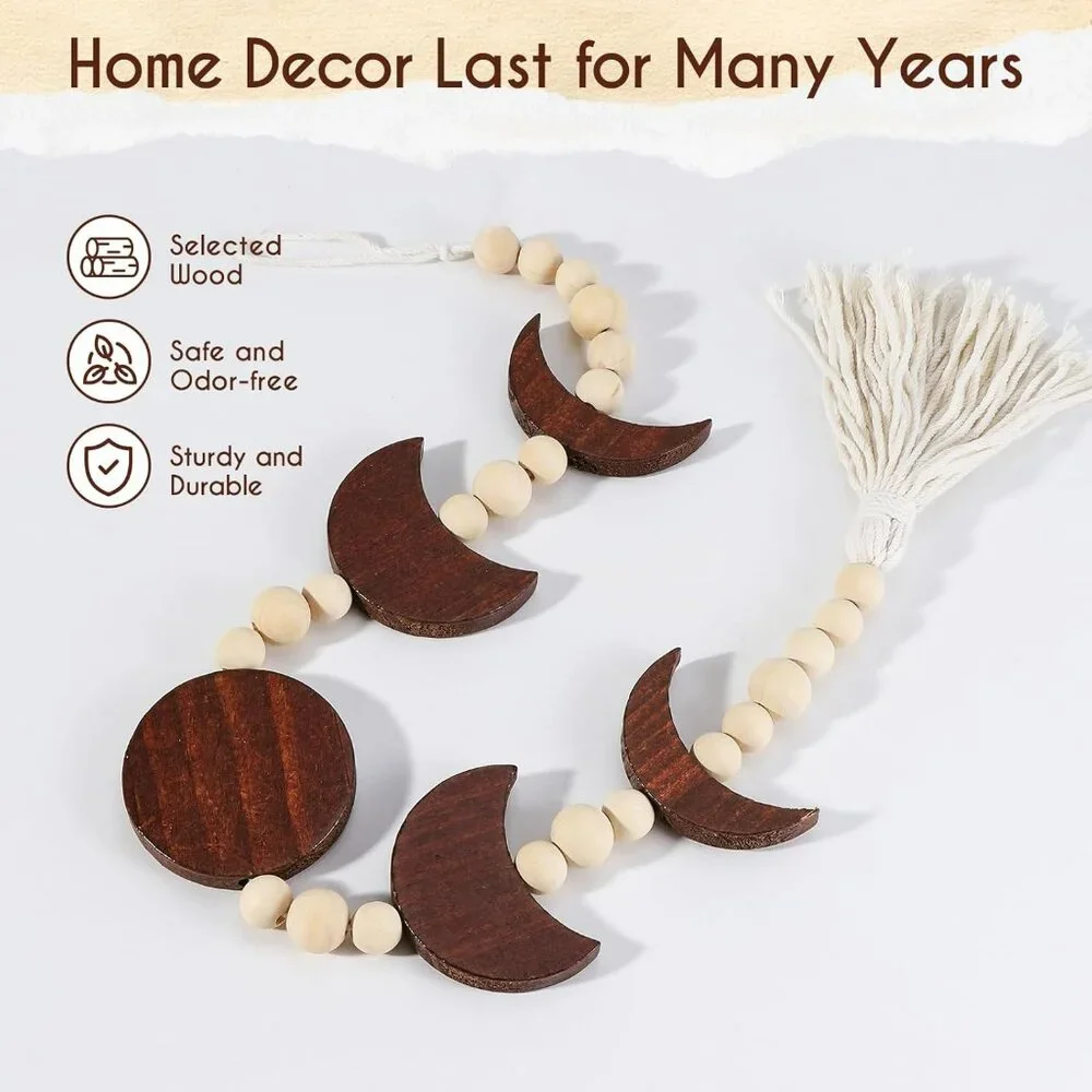 Boho‎ Decor Moon Phase Wall Hanging Wood Beaded with Tassel Phases of The Moon